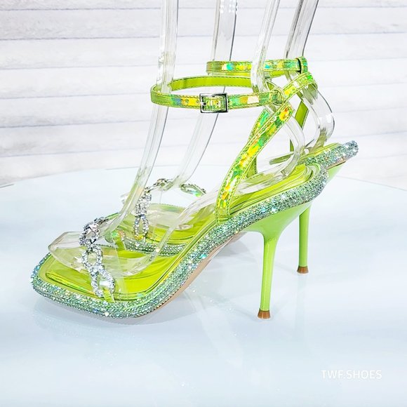 Mini .5" Rhinestone Platform Lime Green Hologram Upper Wrap Strap Heels Baily - Picture 16 of 17